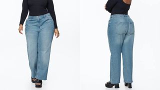 composite of model wearing H&M Curvy Fit Wide Ultra High Jeans