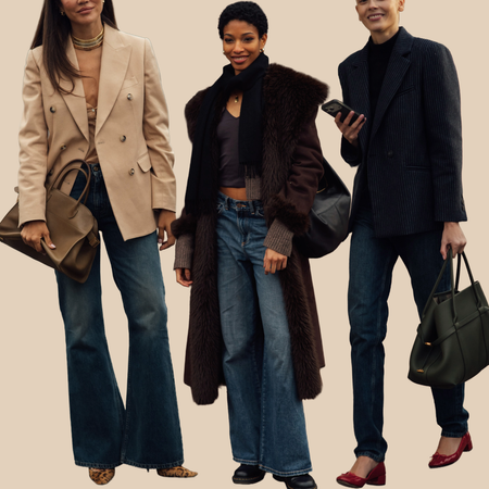 collage of fashion week attendees wearing jeans 