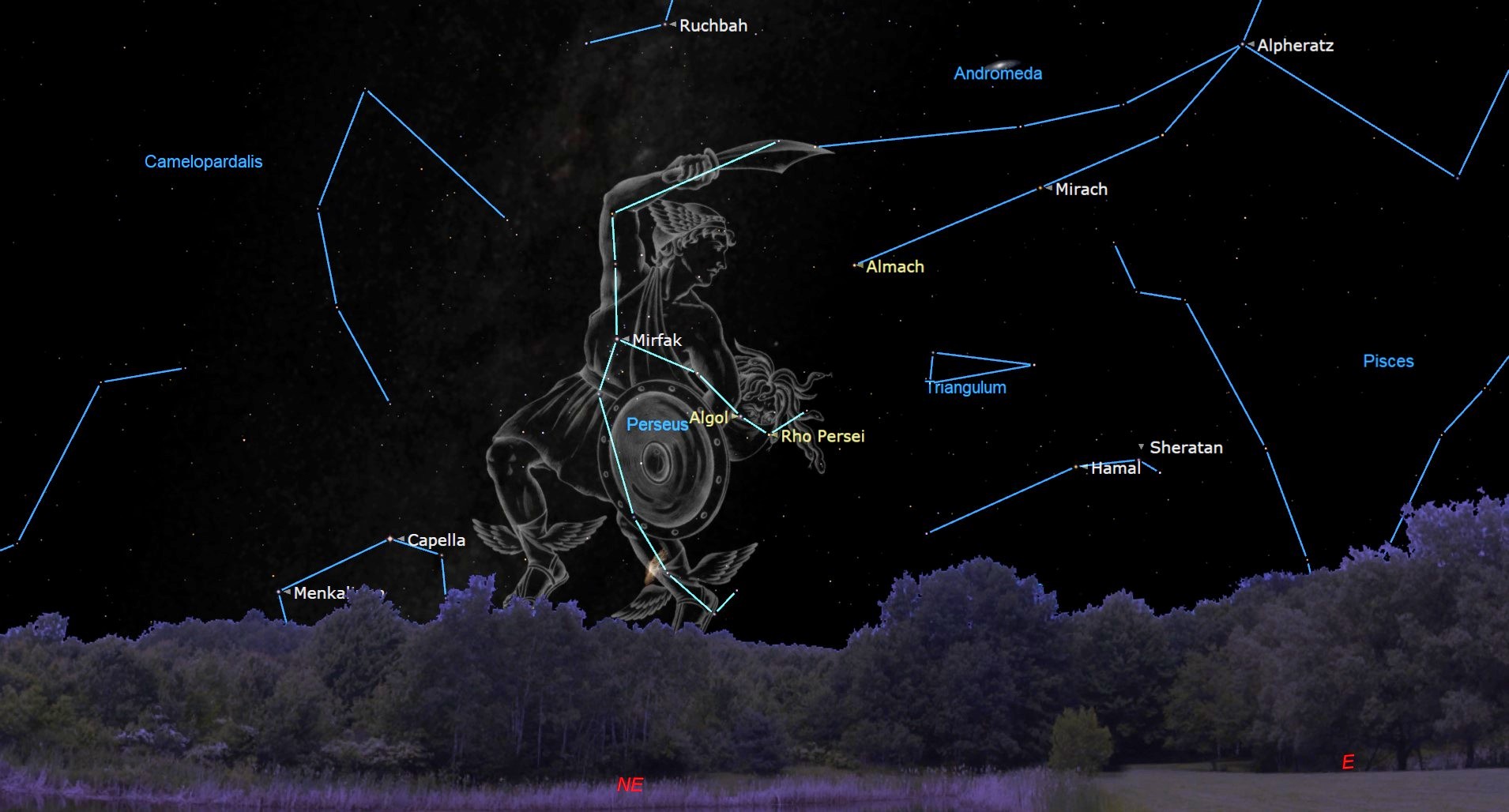 In the constellation of Perseus, Algol, also designated Beta Persei, marks the glowing eye of Medusa from Greek mythology. The star is among the most accessible variable stars for skywatchers. During a ten-hour period that repeats every 2 days, 20 hours, and 49 minutes, Algol dims noticeably and re-brightens by about a third.
