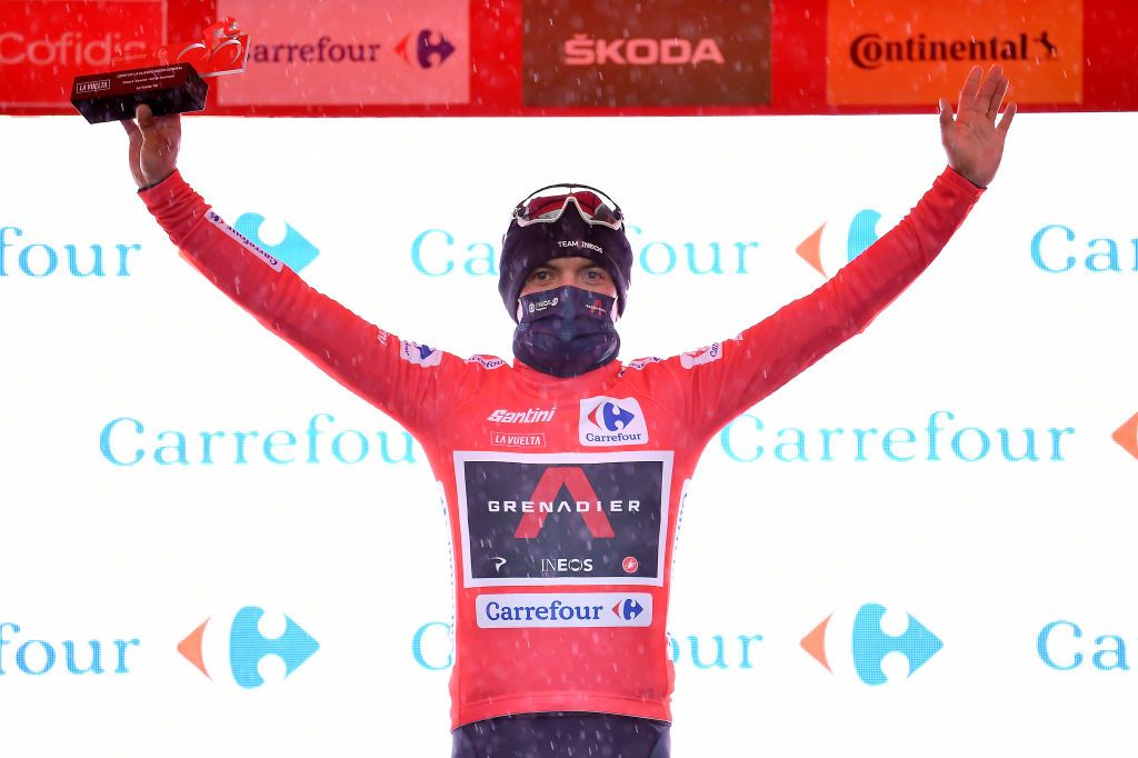 SALLENT DE GLLEGO SPAIN OCTOBER 25 Podium Richard Carapaz of Ecuador and Team INEOS Grenadiers Red Leader Jersey Celebration Trophy during the 75th Tour of Spain 2020 Stage 6 a 1464km stage from Biescas to Sallent de Gllego Aramn Formigal 1790m lavuelta LaVuelta20 La Vuelta on October 25 2020 in Sallent de Gllego Spain Photo by Justin SetterfieldGetty Images