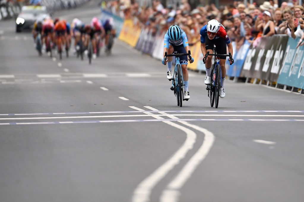 GEELONG AUSTRALIA JANUARY 28 LR Amanda Spratt of Australia and Team Trek Segafredo and Loes Adegeest of The Netherlands and Team FDJSUEZ sprint to win during the 7th Cadel Evans Great Ocean Road Race 2023 Womens Elite a 1408km one day race from Geelong to Geelong CadelRoadRace UCIWWT on January 28 2023 in Geelong Australia Photo by Tim de WaeleGetty Images