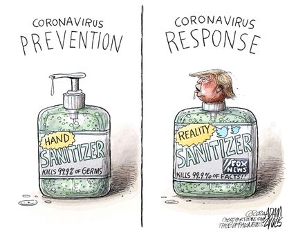 Political Cartoon U.S. coronavirus Trump response kills facts hand sanitizer