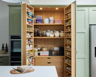 sage green kitchen with large double door pantry, in-built appliances and tall cabinetry