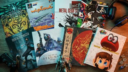 Game art books on a table