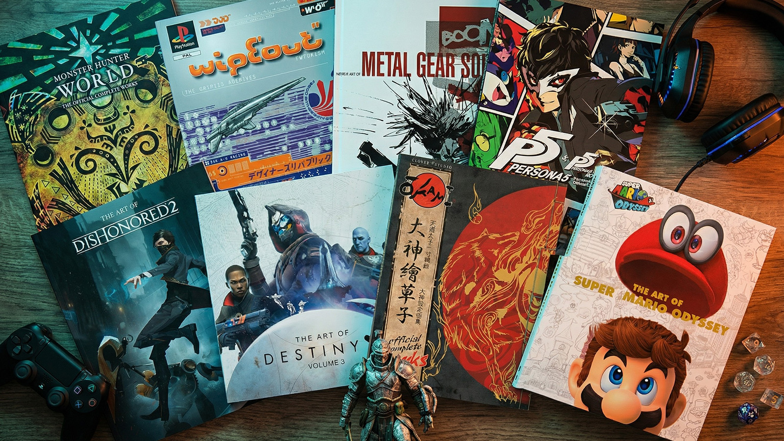 Game art books on a table