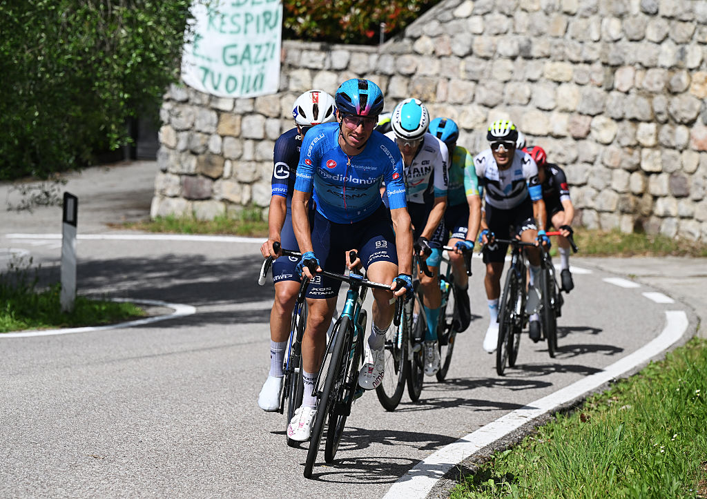 SAN VALENTINO ITALY MAY 27 Lorenzo Fortunato of Italy and Team XDS Astana Blue Mountain Jersey compete in the breakaway during the 108th Giro dItalia 2025 Stage 16 a 203km stage from Piazzola sul Brenta to San Valentino Brentonico 1316m UCIWT on May 27 2025 in San Valentino Italy Photo by Dario BelingheriGetty Images