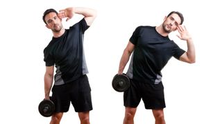 A man performing dumbbell side bends