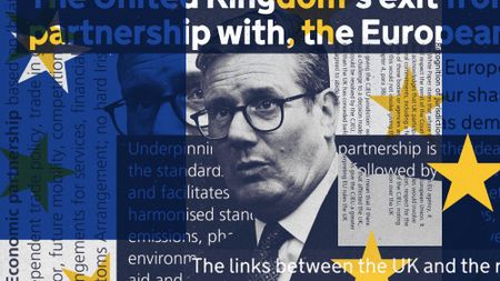 Illustration of Keir Starmer, text from the Brexit white paper and colours of the EU flag