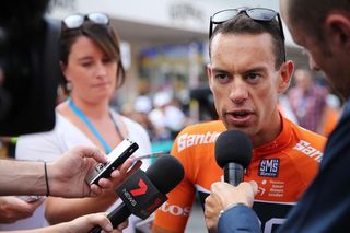 Richie Porte talks with reporters after stage 3 at the Tour Down Under