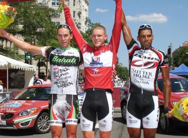 The men's race podium (l-r): Bobby Lea (Start Cycling-Bahati Foundation), Jackie Simes (Jamis/Sutter Home p/b Colavita) and Frank Trevieso ( Jamis/Sutter Home p/b Colavita).