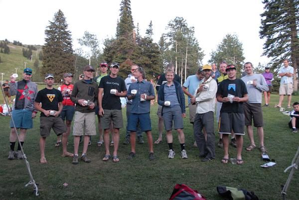 Racers show off their belt buckles from the Pierre's Hole 100