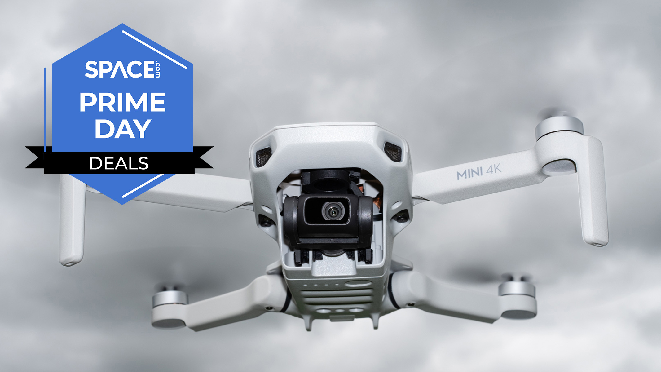 A DJI Mini 4K drone in flight, with a Space Prime Day deals badge over it.