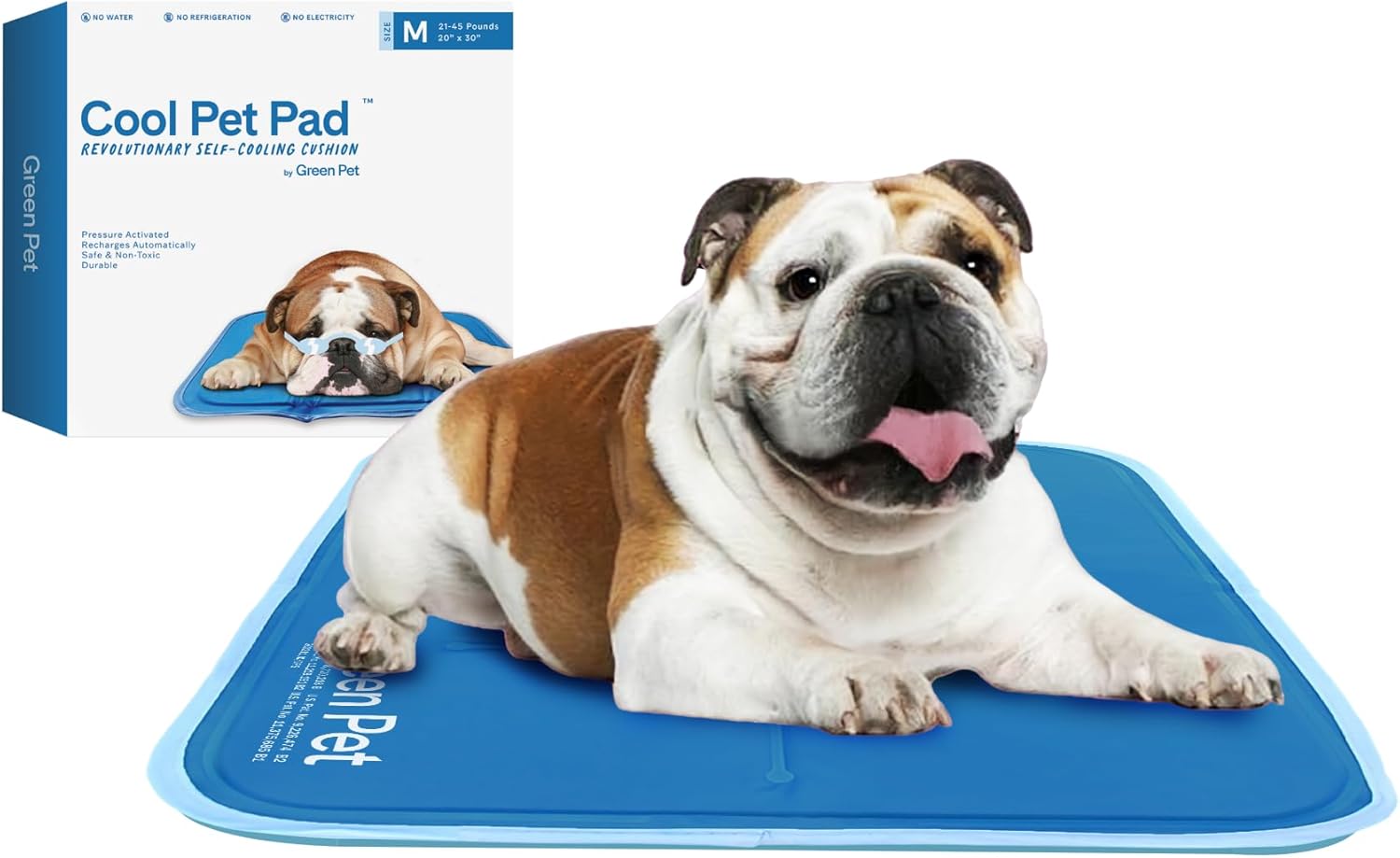 A bulldog sits on the Green Pet Shop cooling mat