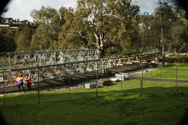 The temporary bridge during construction.