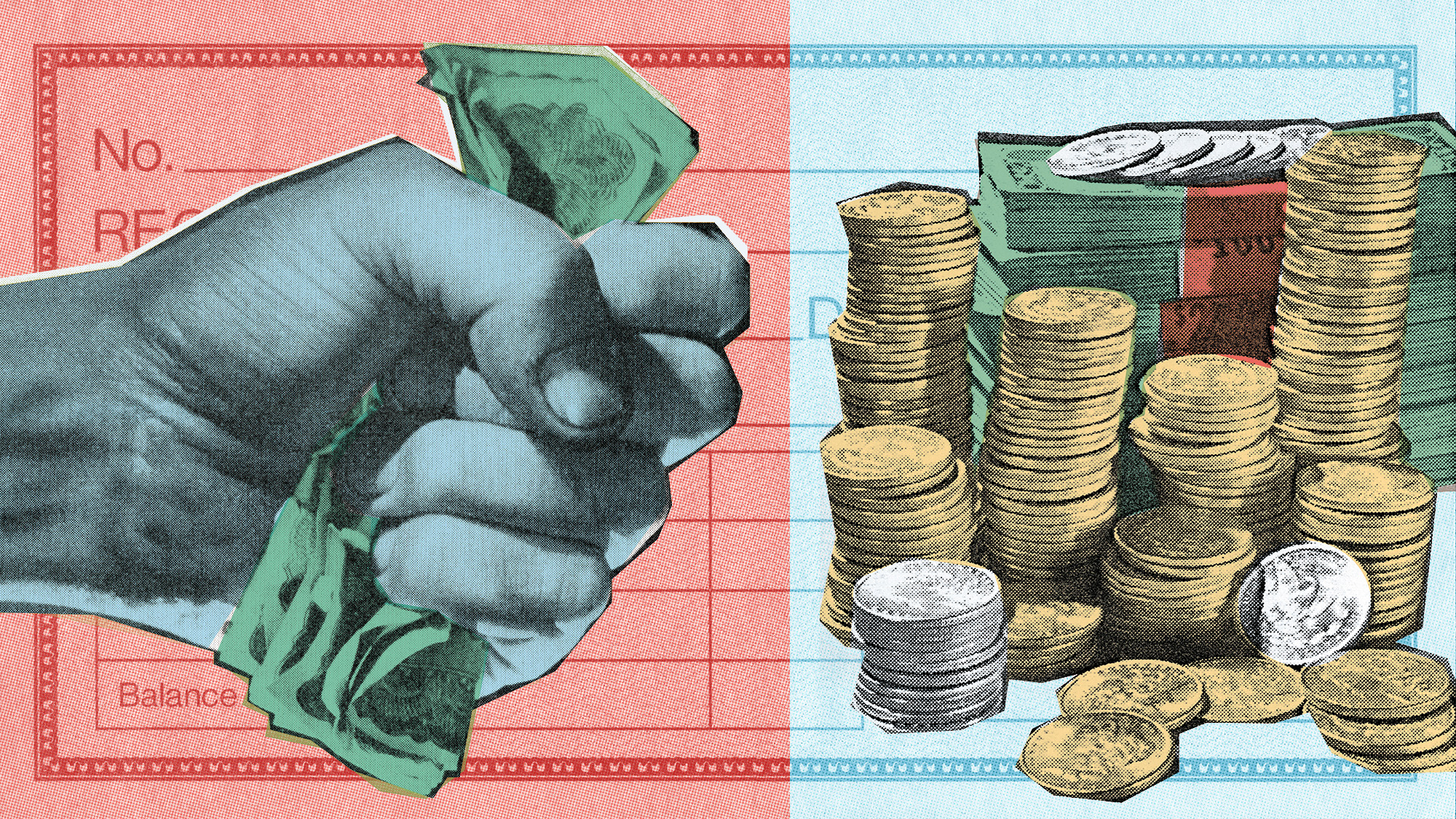Illustrative collage of a fist holding banknotes and a pile of money