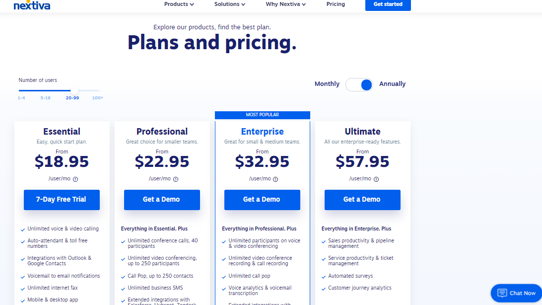 Nextiva's pricing plans landing page
