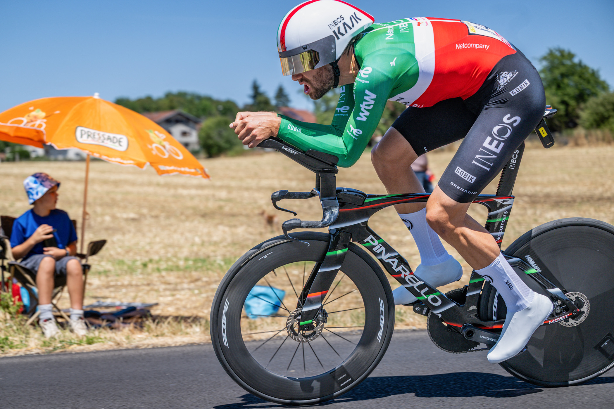 Italian Filippo Ganna of Netcompany-INEOS pictured in action during the stage 16 of the 2026 Tour de France cycling race, an individual Time Trial stage of 26km from Evian-les-Bains to Thonon-les-Bains, on Tuesday 21 July 2026. The 113th edition of the Tour de France starts on Saturday 4 July in Barcelona, Spain, and will finish in Paris, France on the 26th of July. BELGA PHOTO DAVID PINTENS (Photo by DAVID PINTENS / BELGA MAG / Belga / AFP via Getty Images)