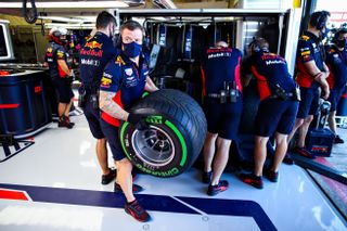 The Red Bull Racing team practice pitstops before practice for the F1 70th Anniversary Grand Prix at Silverstone on Friday, August 07, 2020.