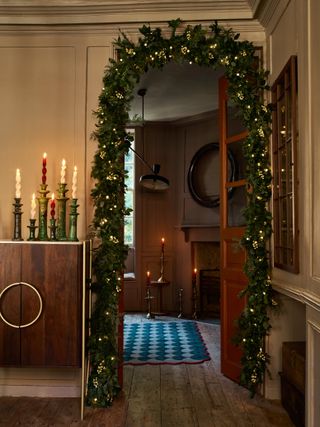 Christmas hallway with lit garland