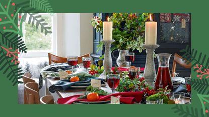 Festive dining table with natural foliage and pillar candle Christmas centerpiece ideas