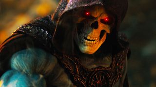 A close up of a menacing-looking Skeletor in 2026's Masters of the Universe film