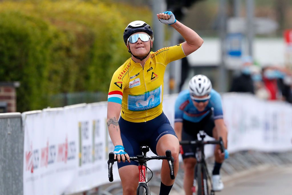 GARNICH LUXEMBOURG MAY 02 Emma Norsgaard Jorgensen of Denmark and Movistar Team Yellow Leader Jersey celebrates at arrival during the 13th Ceratizit Festival Elsy Jacobs 2021 Stage 2 a 1053km stage from Garnich to Garnich felsy UCIProSeries on May 02 2021 in Garnich Luxembourg Photo by Bas CzerwinskiGetty Images