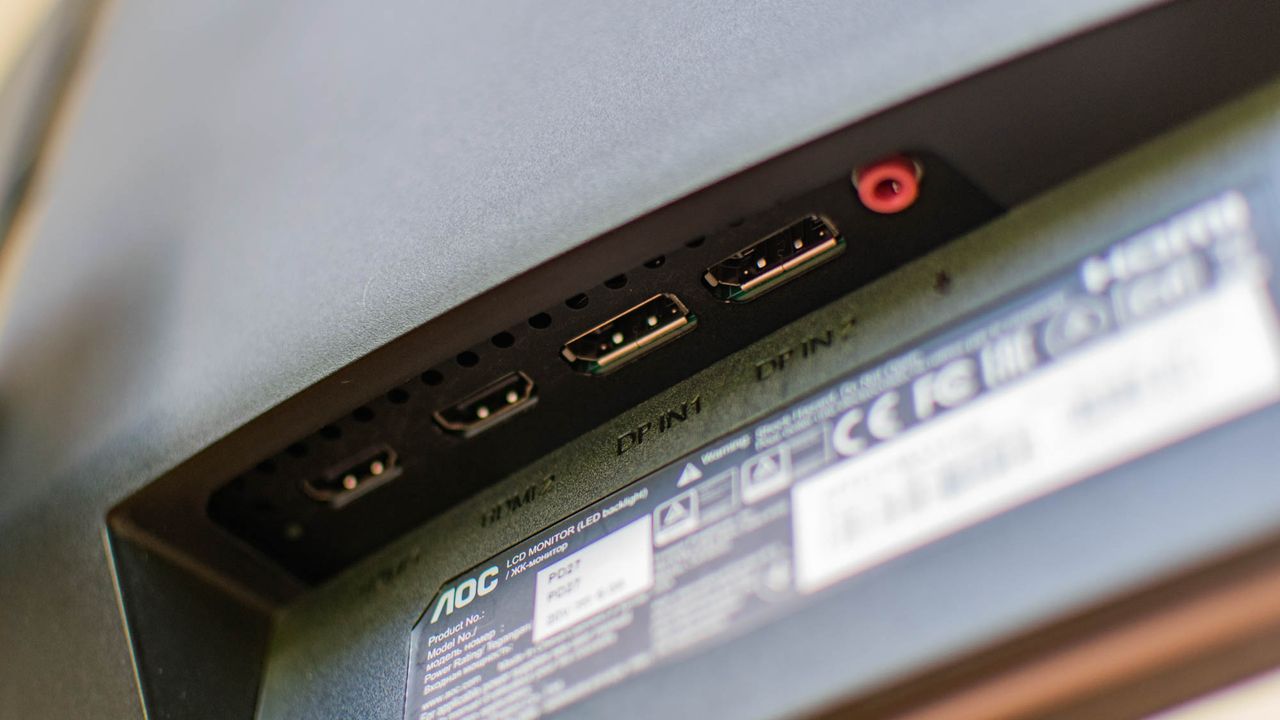 A closeup of the Porsche Design AOC Agon PD27's input ports
