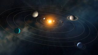 eight planets of different sizes orbit around a yellow star in concentric circles