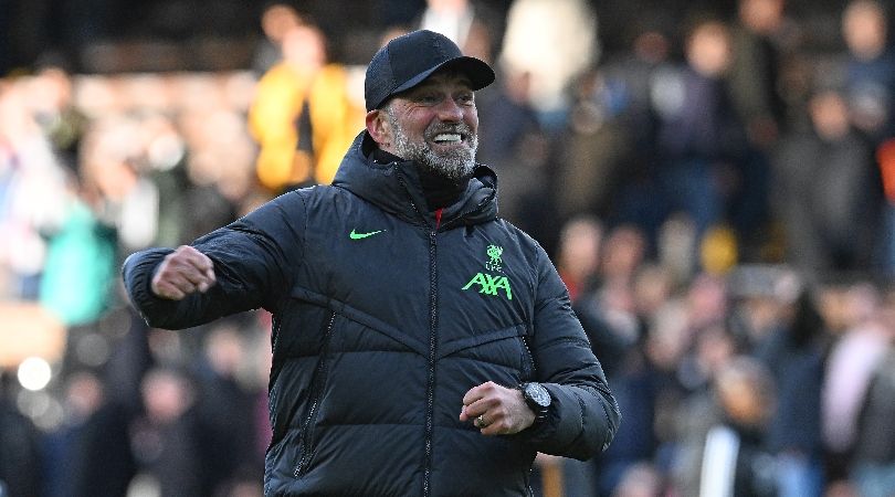 Liverpool manager Jurgen Klopp celebrates during the Reds&#039; win at Fulham in April 2024.