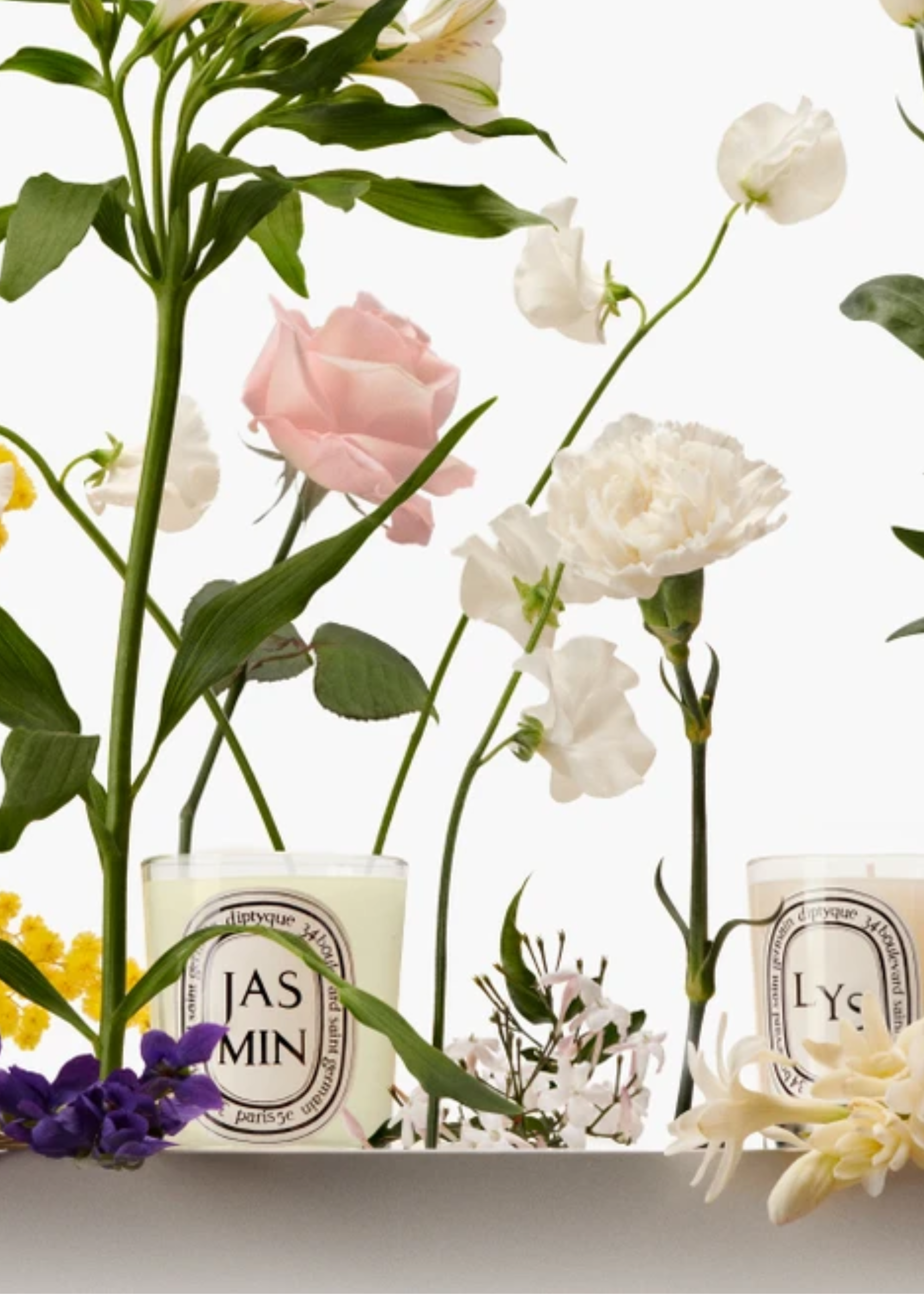 diptyque candles amongst various floral stems in a lifestyle image