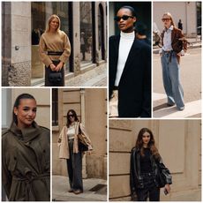 woman wearing sweater, woman wearing trenh coat, woman wearing jacket, white tee, and jeans, woman wearing blazer, white top, and skirt, woman wearing leather jacket, woman wearing suede jacket, button down and jeans