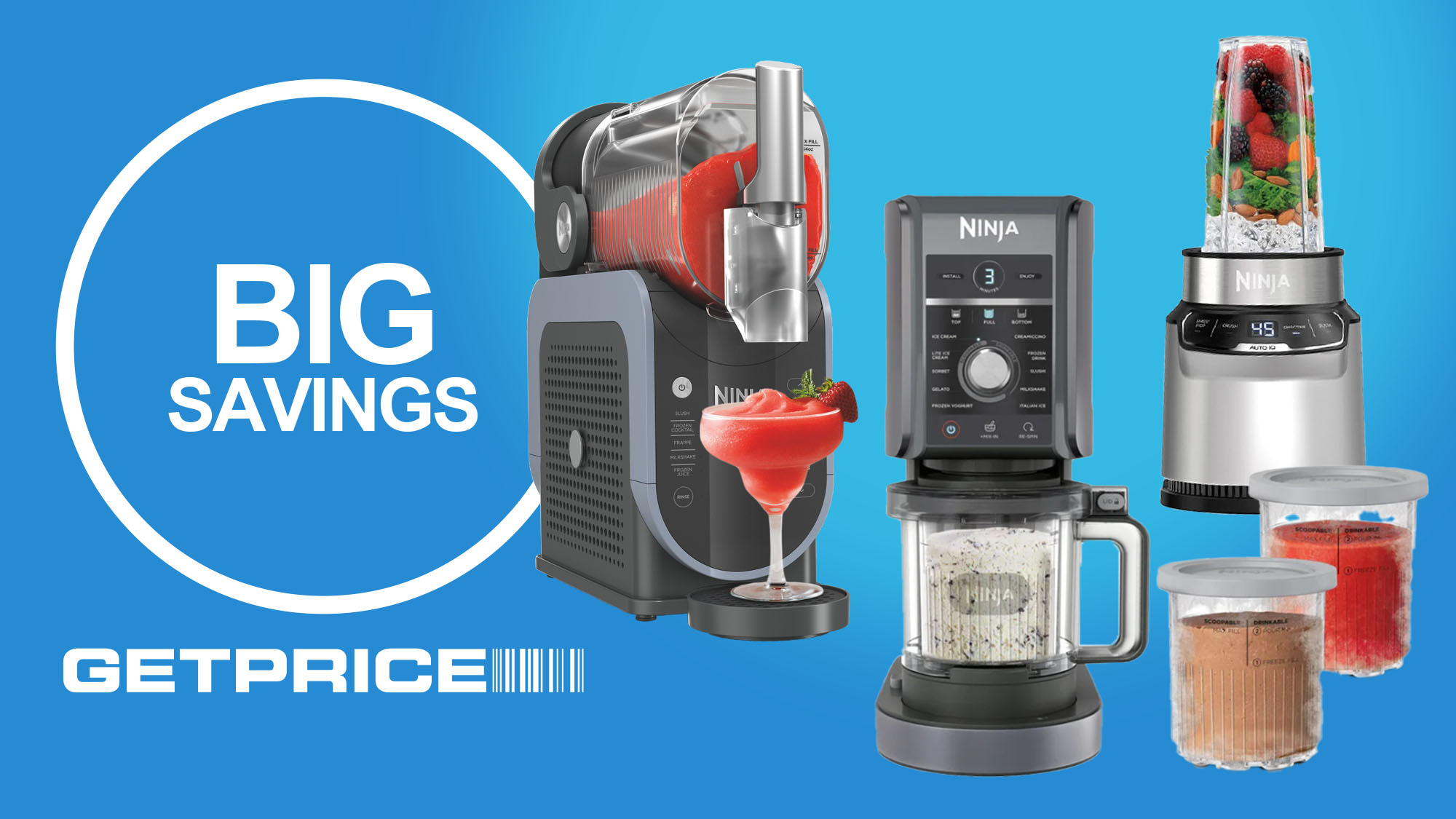 Blue background with white circle with Big Savings written inside and the GetPrice logo underneath with images of 3 NInja appliances to the right