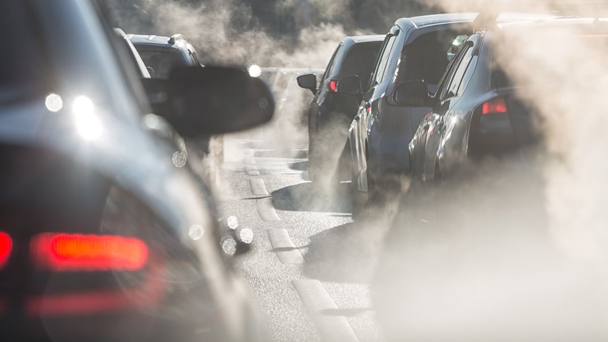 Traffic jam with car exhaust fumes