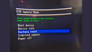 The Meta Quest Pro's boot screen, with Factory reset highlighted