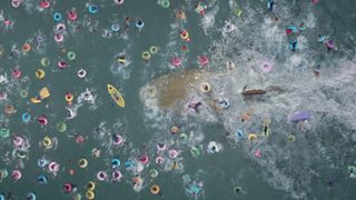 The Meg swims under people in the sea in The Meg