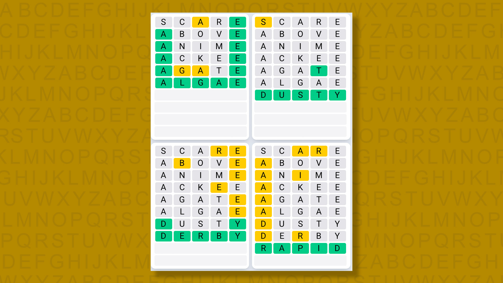 Quordle Daily Sequence answers for game 1376 on a yellow background