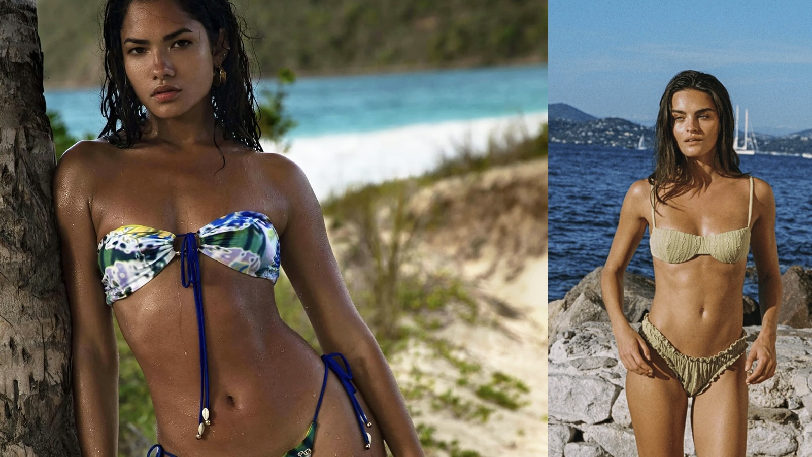 collage where the leftmost image shows a woman at the beach in a colorful bikini from Rat &amp; Boa embellished with cowrie shells and the right one shows a woman near the ocean in a green juillet bikini