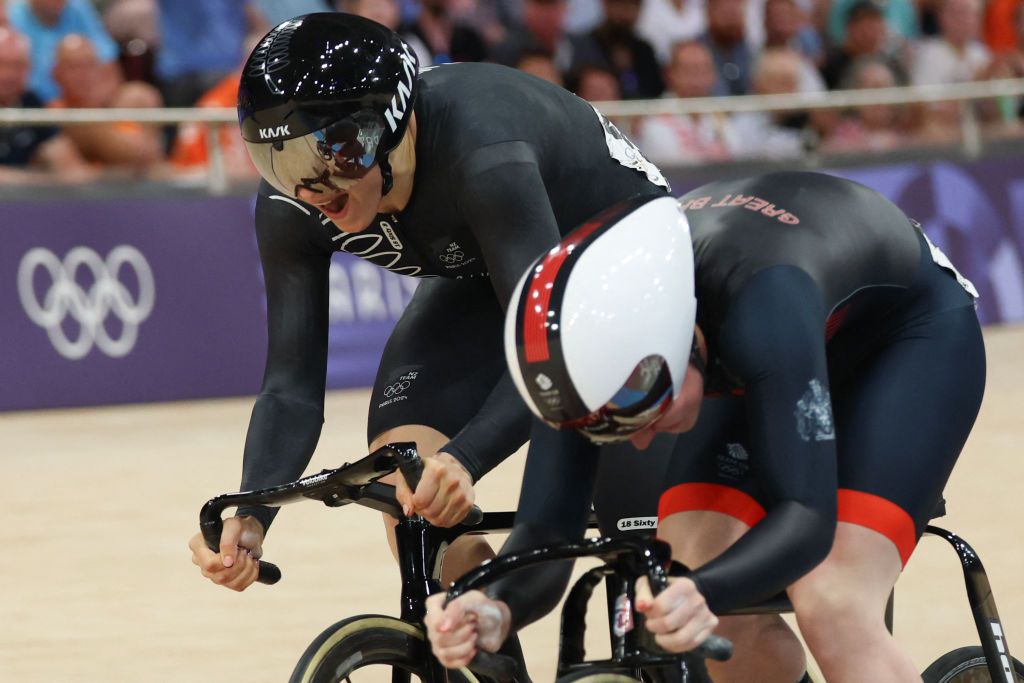 New Zealand's Ellesse Andrews and Britain's Emma Finucane compete in a women's track cycling sprint semi-final race 2 of the Paris 2024 Olympic Games at the Saint-Quentin-en-Yvelines National Velodrome in Montigny-le-Bretonneux, south-west of Paris, on August 11, 2024. (Photo by Emmanuel DUNAND / AFP)