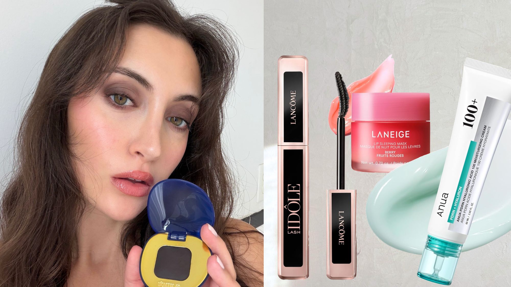 A collage of Who What Wear associate beauty editor Alyssa Brascia holding an eye shadow compact and products on sale during Amazon Prime Day.