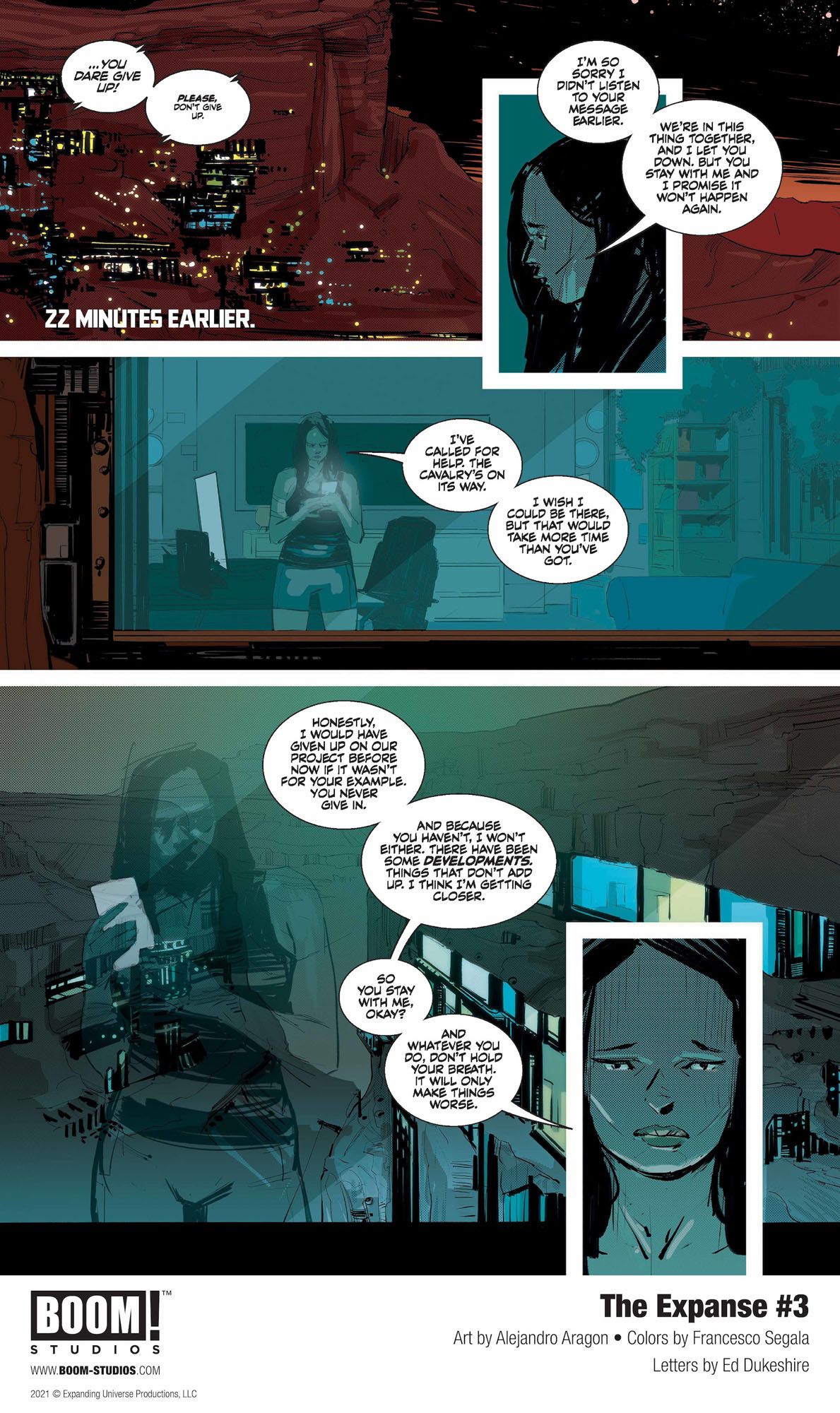 Avasarala and Bobbie face dire threats in "The Expanse" issue three of Boom! Studios' comic book miniseries.