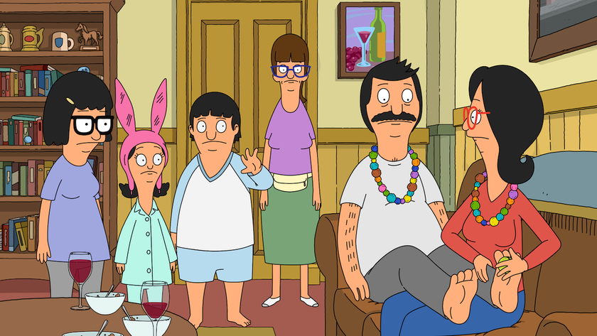 Whole family in living room while Linda rubs Bob&#039;s feet in Bob&#039;s Burgers Season 15 The Twinnening