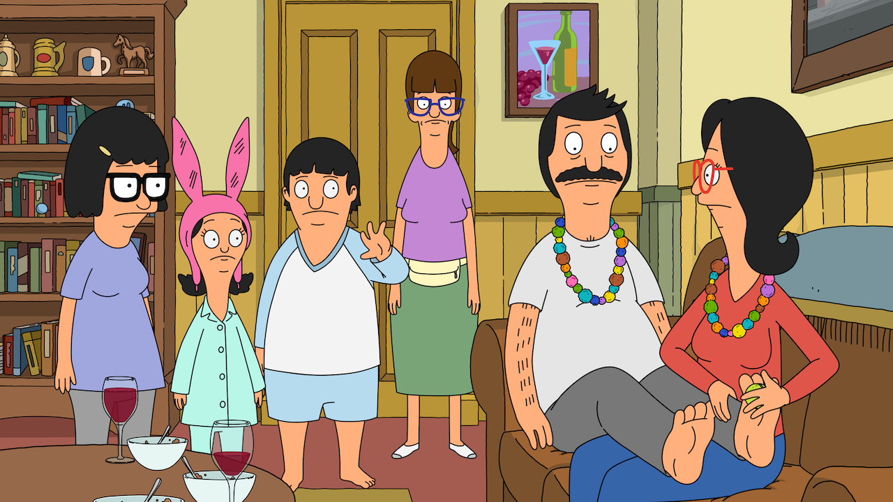 Whole family in living room while Linda rubs Bob's feet in Bob's Burgers Season 15 The Twinnening
