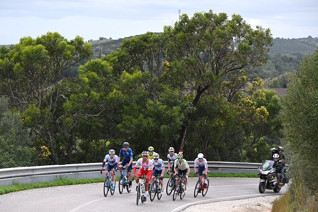 TAVIRA, PORTUGAL - FEBRUARY 18: Noah Campos of Portugal and Team Tavira - Credito Agricola, Enzo Leijnse of Netherlands and Team Anicolor Campicarn, Joao Silva of Portugal and Team Feira dos Sofas - Boavista, Tomas Contte of Argentina and Team Aviludo - Louletano - Loul&amp;eacute;, Bruno Silva of Portugal and Team Tavfer-Ovos Matinados-Mortagua, Diogo Narciso of Portugal and Team Credibom - LA Aluminios - Marcos Car, Jose Miguel Moreira of Portugal and Team GI Group Holding - Simoldes - UDO, Viacheslav Ivanov of Russia and Team Feirense - Beeceler and Andre Ribeiro of Portugal and Team GI Group Holding - Simoldes - UDO compete in the breakaway during the 52nd Volta ao Algarve em Bicicleta 2026 - Stage 1 a 183.5km stage from Vila Real de Santo Antonio to Tavira on February 18, 2026 in Tavira, Portugal. (Photo by Dario Belingheri/Getty Images)