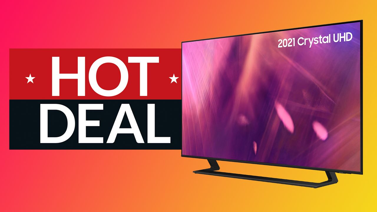 Samsung AU9000 4K HDR TV with sign saying Hot Deal on burnt orange background