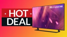 Samsung AU9000 4K HDR TV with sign saying Hot Deal on burnt orange background