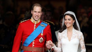 Prince William, Duke of Cambridge and Catherine, Duchess of Cambridge smile following their marriage at Westminster Abbey on April 29, 2011 in London, England.