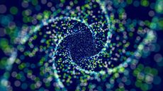 Spirals of bright green and purple particles swirl clockwise over a navy blue background