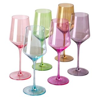 Set of six colored wine glasses in pastels