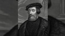 Engraving Portrait of Hernan Cort&eacute;s, Spanish Conquistador (1485-1547). He has dark hair down just past his ears, a neatly trimmed moustache and beard. He's wearing a flat hat with a brimm. He's also wearing what looks to be a coat with fur lapels.