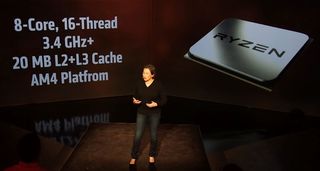 AMD CEO Lisa Su debuting Ryzen at AMD's New Horizon event.